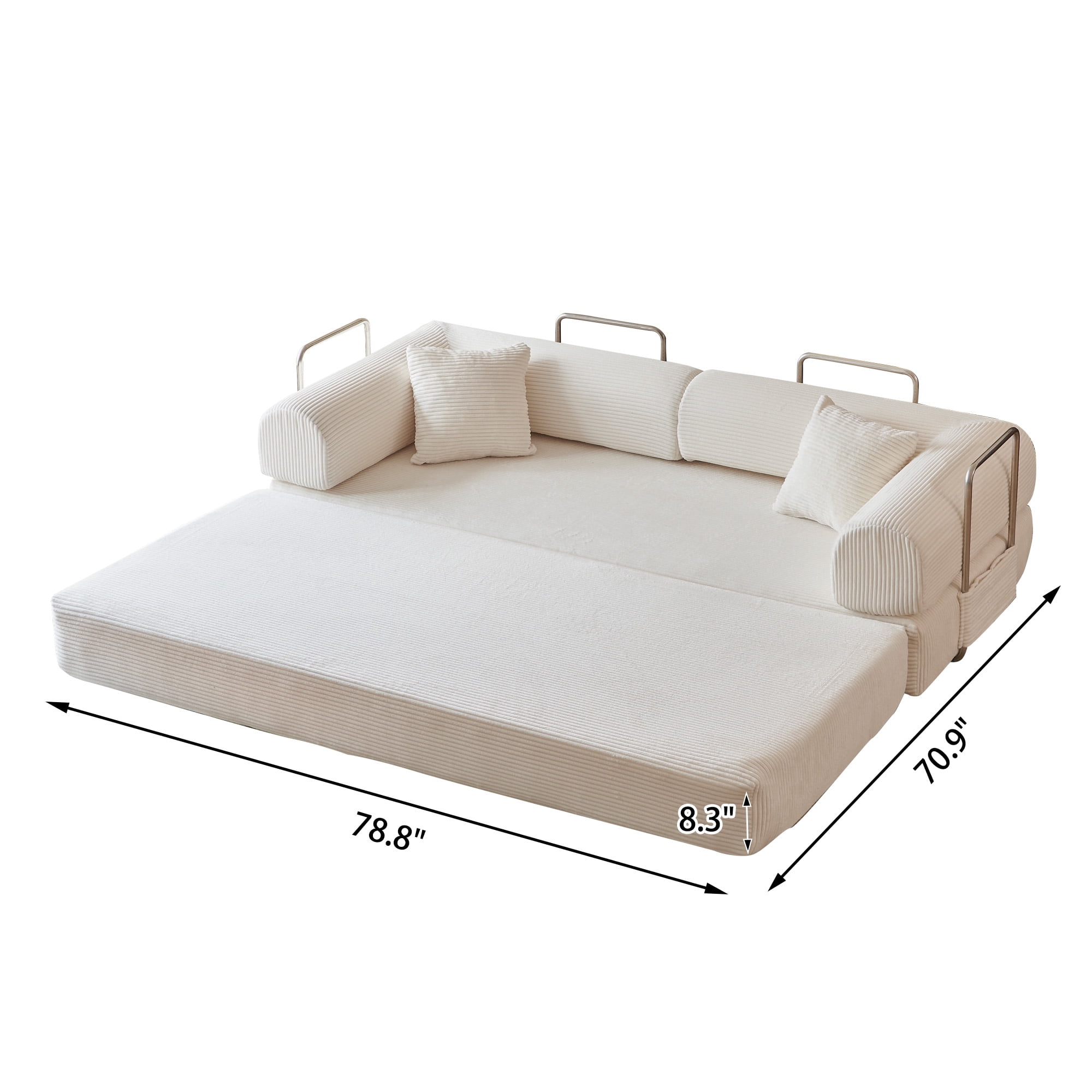 Howcool 79" Boneless Sleeper Sofa Bed, 2-in-1 Pull Out Convertible Loveseat Couch with 2 Throw Pillows, Corduroy Futon Floor Sofa for Living Room, No Assembly Required, White
