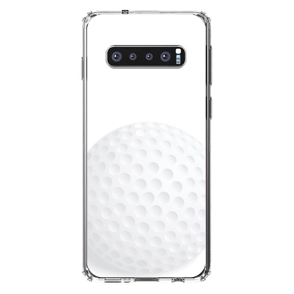 DistinctInk Clear Shockproof Hybrid Case for Samsung Galaxy S10 (6.1" Screen) - TPU Bumper, Acrylic Back, Tempered Glass Screen Protector - White Golf Ball