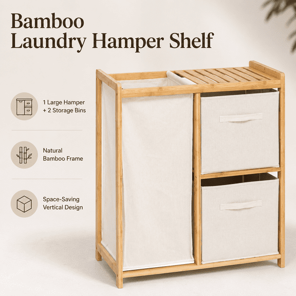 Bamboo Laundry Hamper Cabinet with Top Shelf, 3-Section Clothes Sorter with Large Hamper and 2 Removable Fabric Bins, Freestanding Laundry Room Organizer for Bathroom, Bedroom, Natural