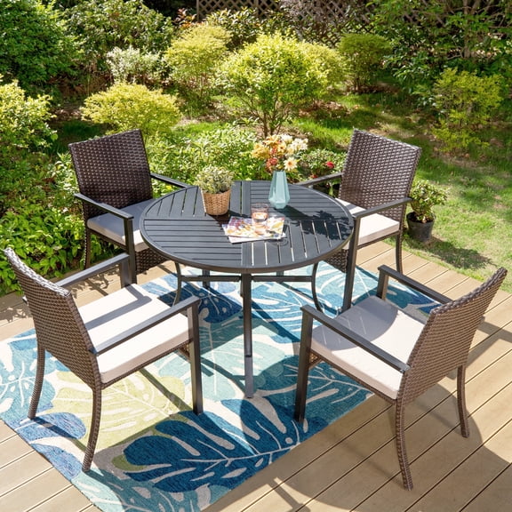 SUMMIT LIVING 5-Piece Outdoor Patio Dining Set with Wicker Cushioned Chairs & 42" Round Table for 4-Person, Black&Brown
