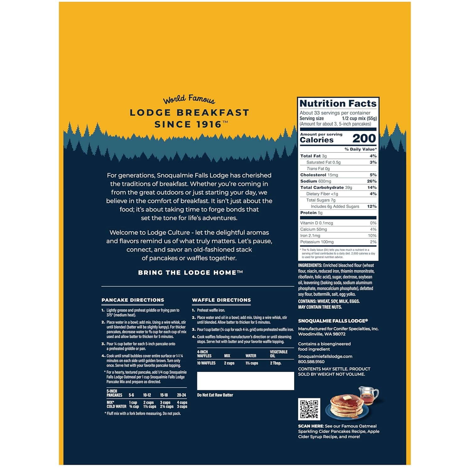 Snoqualmie Falls Lodge Old Fashioned Pancake & Waffle Mix, Just Add Water, 4 lb