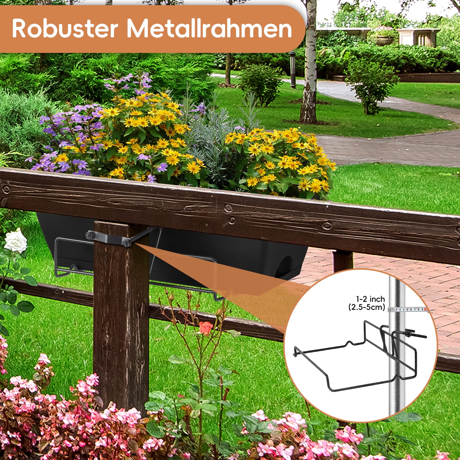 Railing Planter Boxes, Deck Rail Planter for Outdoor Plants, Hanging Railing Window Boxes Planter with Drainage Tray, Window Flower Pots with Brackets, for Over Rail Porch Fence, Balcony & Home Decor