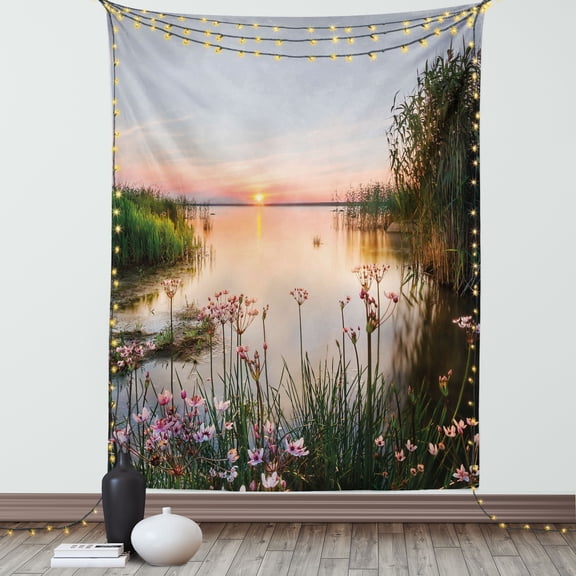 Nature Tapestry, Sunset at Chudskoy Lake Estonia View Spring Flowers Landscape Photo, Wall Hanging for Bedroom Living Room Dorm Decor, 60W X 80L Inches, Green Pale Pink Baby Blue, by Ambesonne