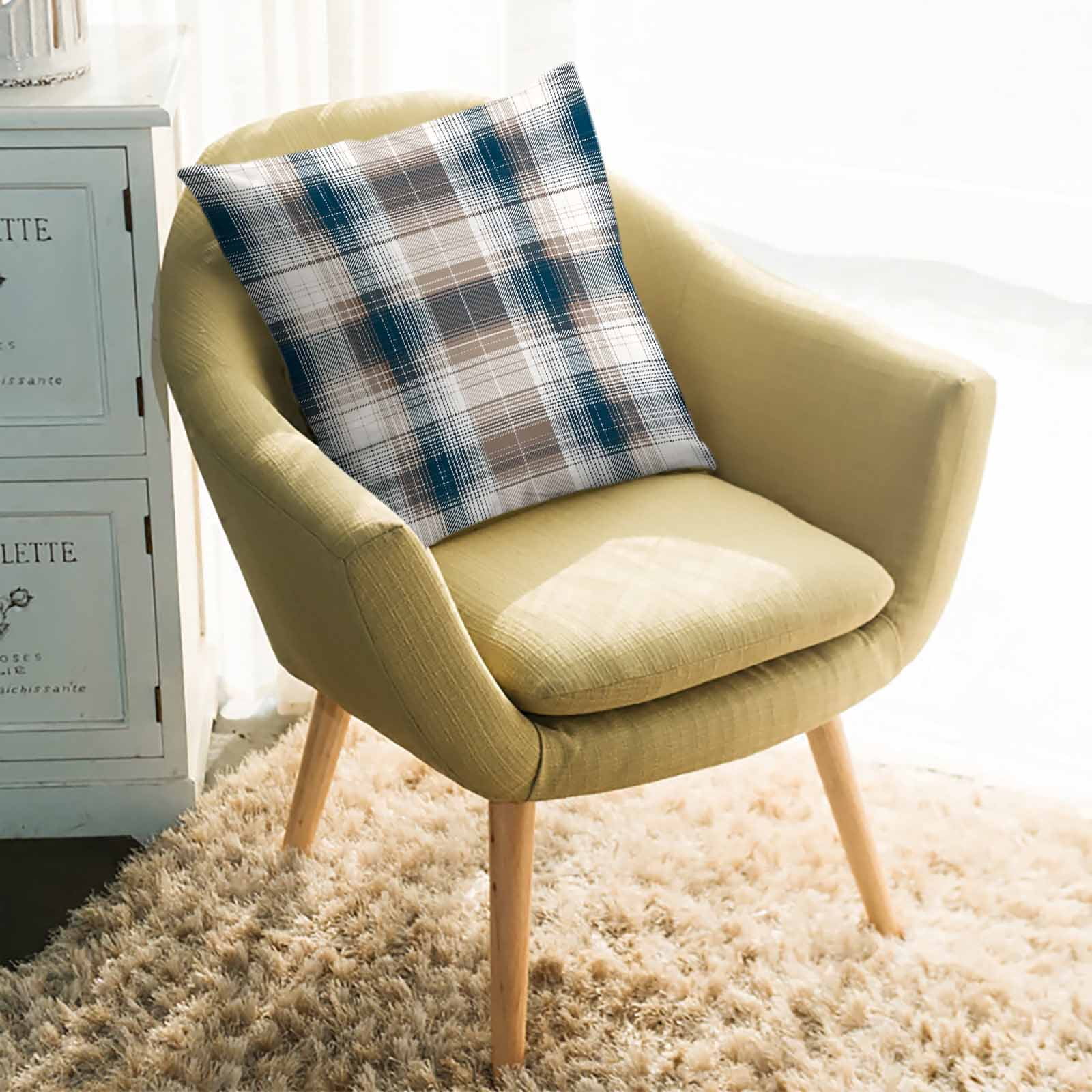 Throw Pillow Covers 26x26 Inch, Blue Brown Plaid Decorative Pillow Cases for Couch Sofa Bed, Modern Abstract Striped Gingham Checked Cotton Linen Square Home Decor Pillowcases with Hidden Zipper