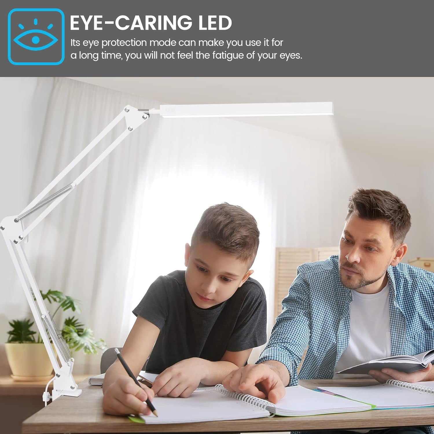 Jxr LED Desk Lamp, Swing arm Desk Light with clamp, 3 Lighting 10 Brightness Eye-Caring Modes, Reading Desk Lamps for Home Office 360 Degree Spin with USB Adapter & Memory Function