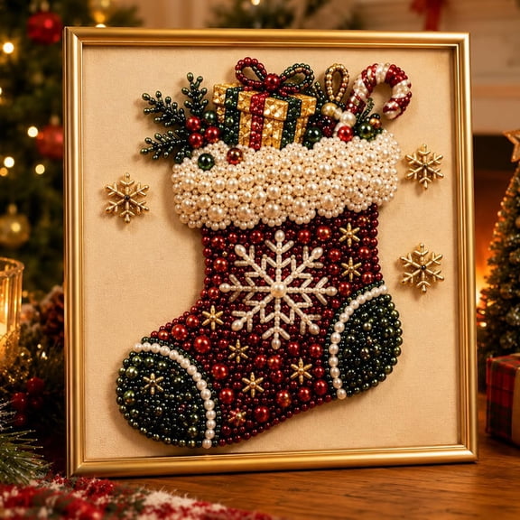 Christmas Stocking Pearl Diamond Painting Kit, DIY 3D Pearl Gem Art with Gemstone Beads, Holiday Wall Decor and Handmade Christmas Gift for Adults