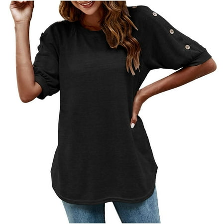 

kakina CMSX Womens Plus Size Tops Spring Summer Temperament Short Sleeve Tops Loose Round Neck Tops Button Casual Solid Color T-shirt Tops Dressy Blouses for Wedding Black S