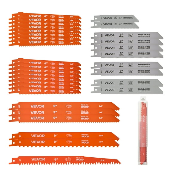 VEVOR Reciprocating Saw Blades, 32-Piece, Various Sizes Bi-Metal Reciprocating Saw Blade Set with Universal Shank, for Metal and Wood Cutting, Sharp Teeth for Fast and Smooth Cuts, Orange and Gray