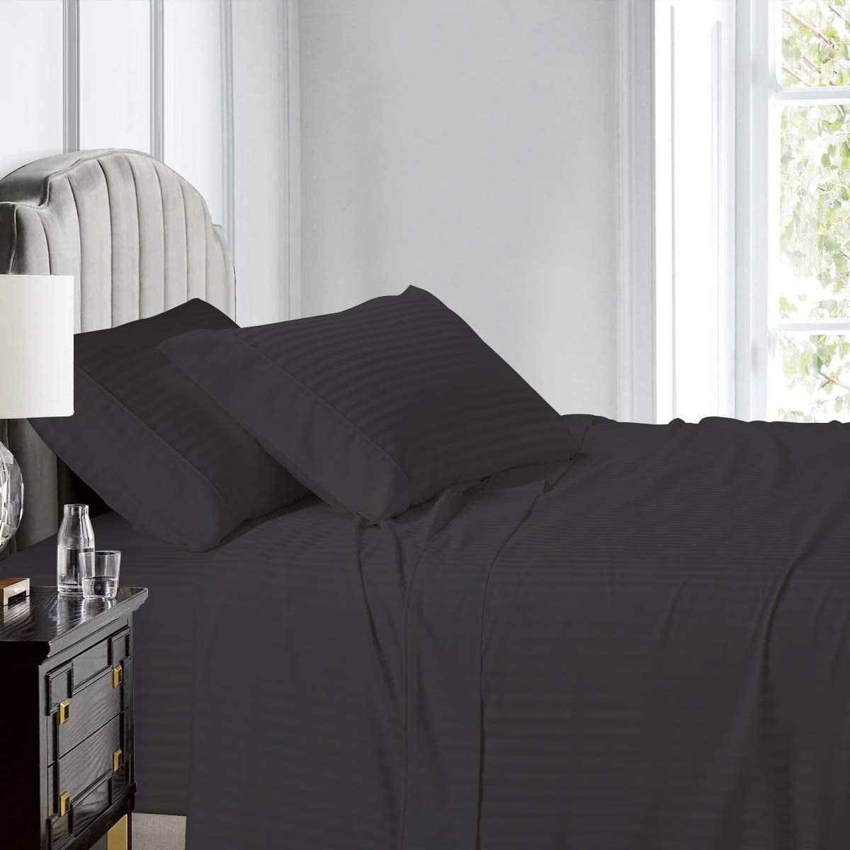 1000TC Egyptian Cotton Bed Linen-Sheet Set/Fitted/Duvet/Flat Dark-Grey Stripe 