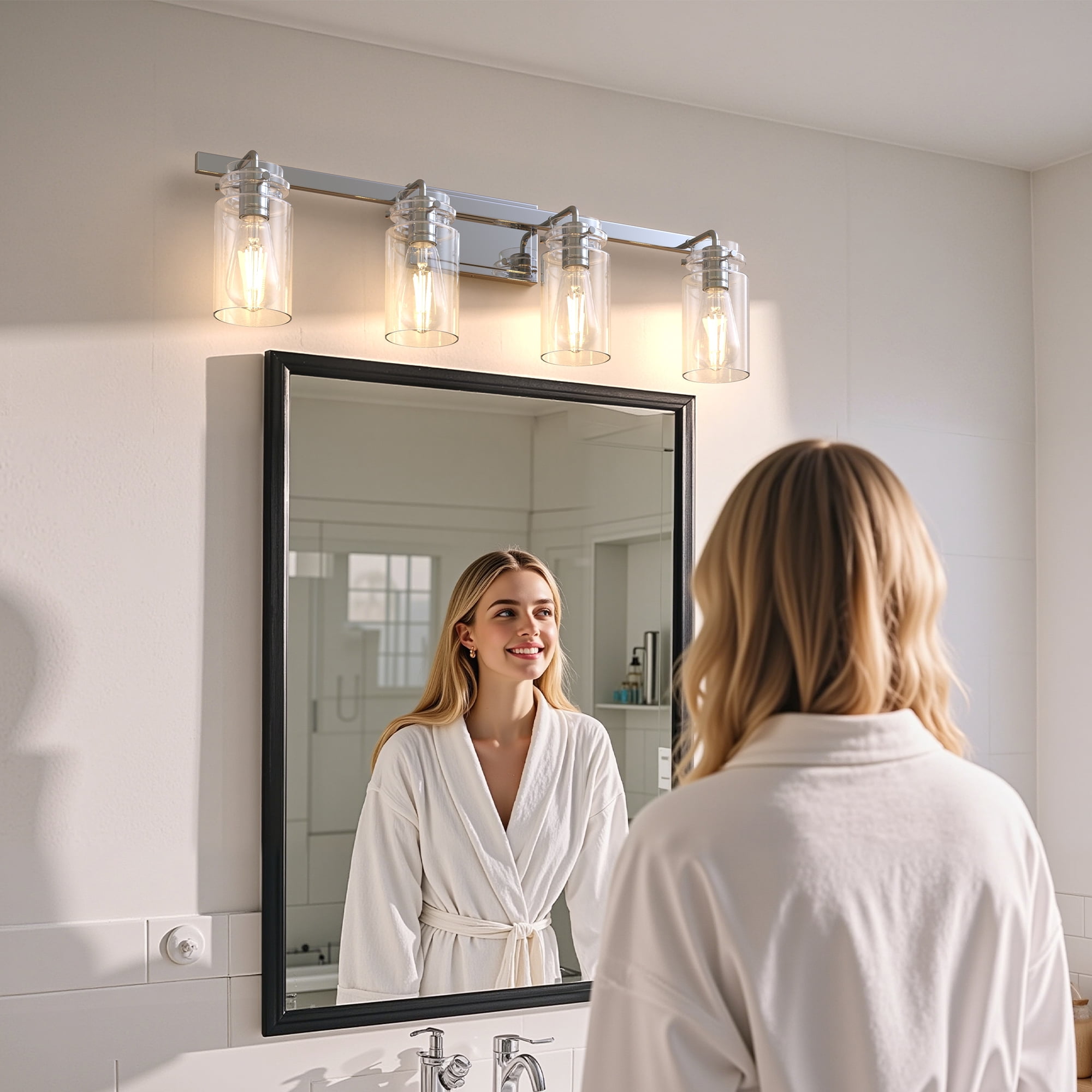YANSUN 31.5 in 4-Light Chrome Modern Cylinder Vanity Light for Bathroom Mirror with Clear Glass Shades, for Bathrooms, Powder Rooms, or Vanity Nooks