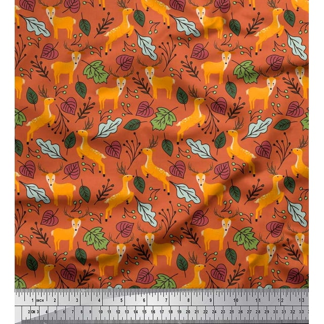 Soimoi Tissu Crêpe Polyester Feuilles & Rennes Imprimé Animal au Mètre 42 Pouces de Large