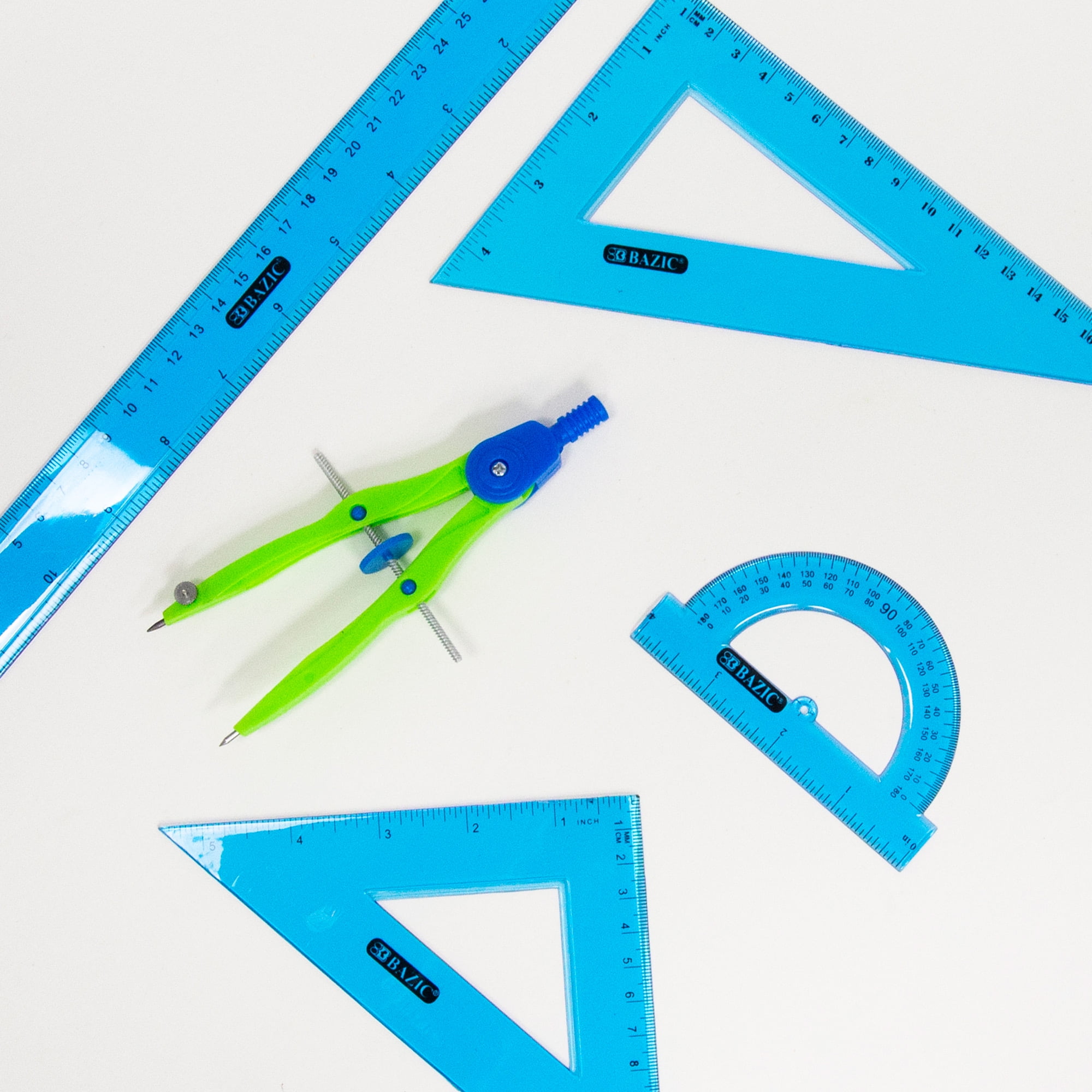 BAZIC 5-Piece Geometry Ruler Combination Sets w/ Center Wheel Compass, 24-Pack