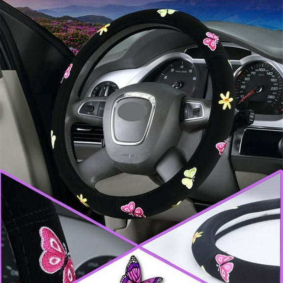 Furulu 1Pc 38cm Butterfly Embroidery Breathable Auto Car Steering Wheel Cover For Women