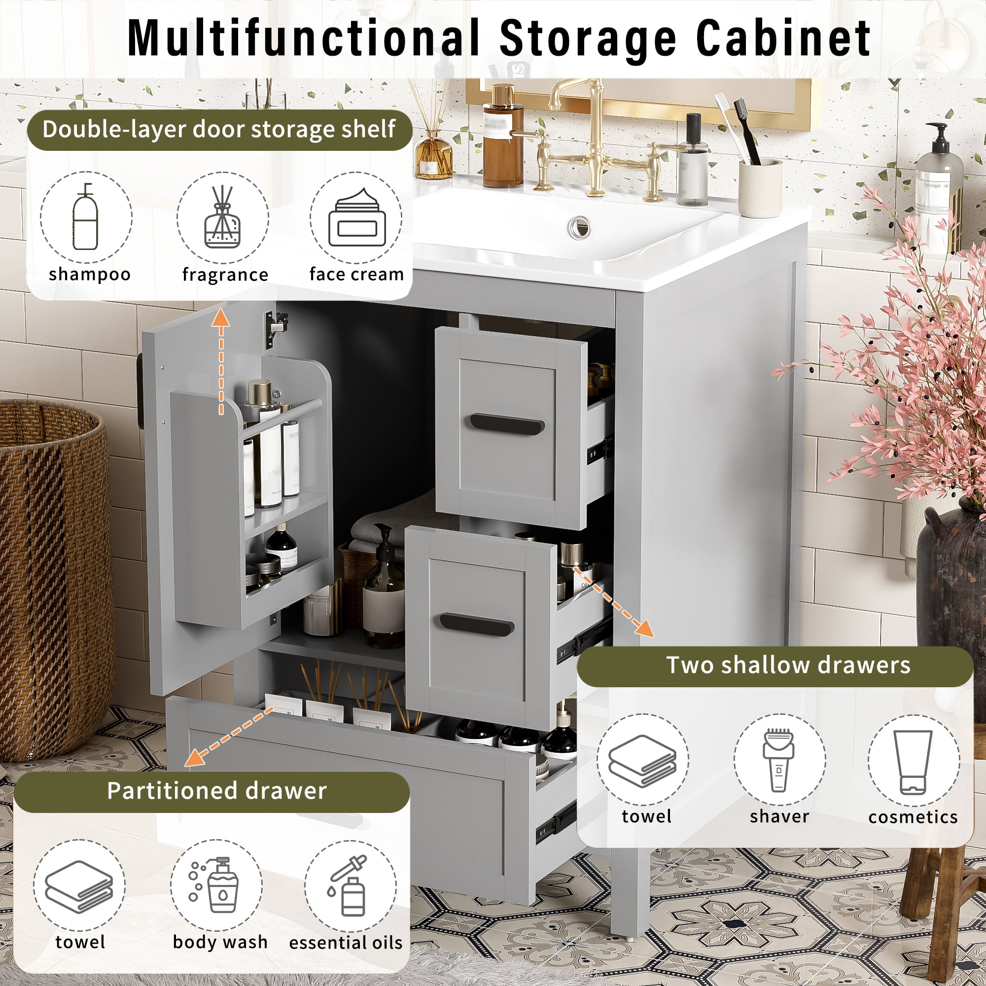 Euroco Modern 24-inch Bathroom Vanity with Ceramic Sink, Soft-Close Door, Double-Layer Door Shelf, and 3 Drawers