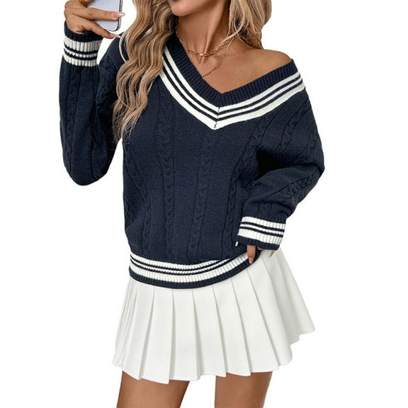 Preppy Pullover Sweater for Women V Neck Jumper Cropped Stripe Sweaters Casual Long Sleeve Outfits Fall Comfy Clothes Trendy Layered Shirts Tight-Fitting Fashion Tops