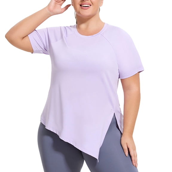 Besolor Workout Tops for Women Summer Lightweight Quick Dry Athletic Gym Yoga Top Crewneck Short Sleeve Hem Side Split Shirts