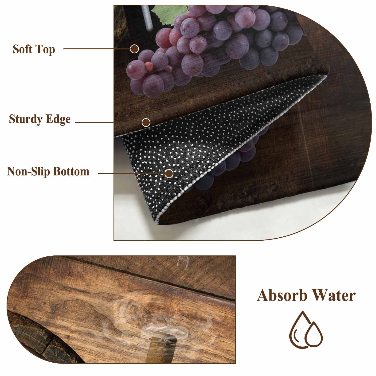 Red Wine Area Rugs 6'x9', Washable Small Throw Rugs for Kitchen Dining room, Grapes Farmhouse Wooden Grain Country Indoor Outdoor Rug Non-Slip Low Pile Carpet Runner Reversible Floor Mats