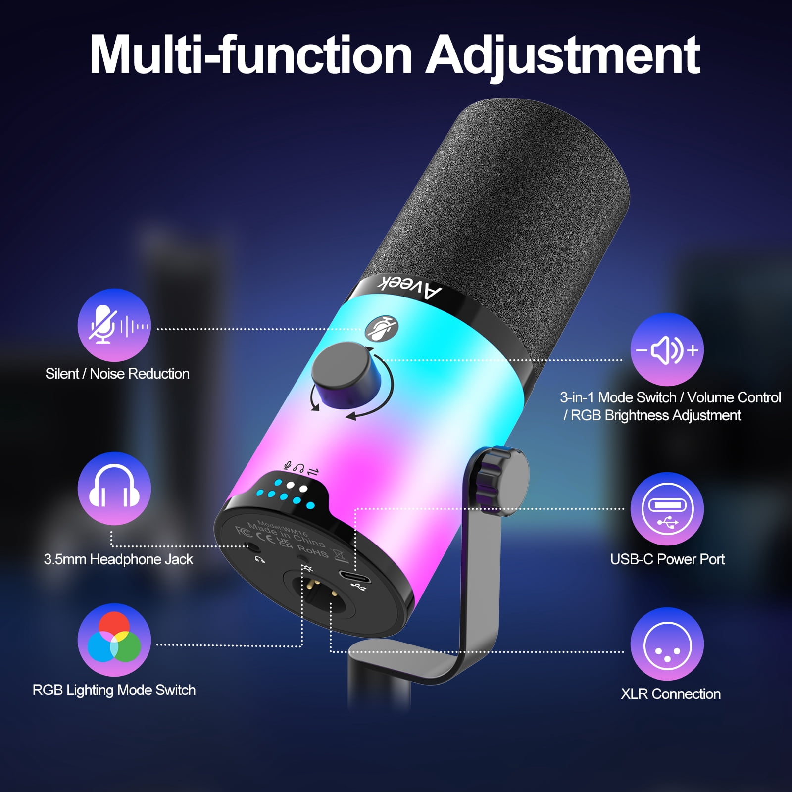 Aveek RGB USB Gaming Microphone Set with Adjustable Boom Arm, Dynamic Podcast Mic with Mute Gain Control & Headphone Jack for Streaming Recording