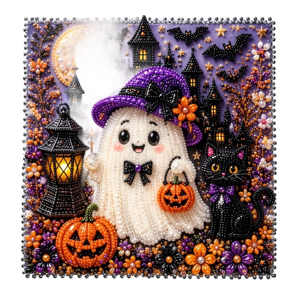 Pumpkin Diamond Art Kit, Ghost Design, 9.8 x 9.8 inch Canvas Wall Decor, DIY Pearl Bead Art for Adults, Beginner Friendly, Halloween Decoration Gift Idea
