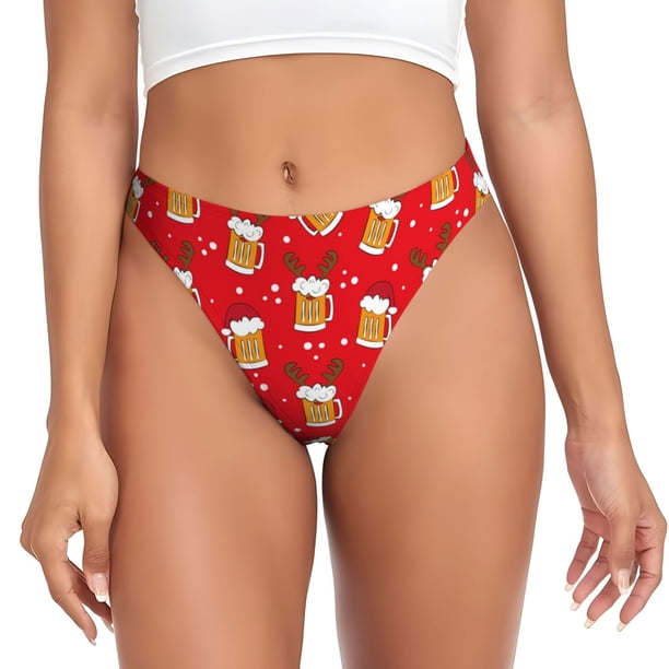 Balery Christmas Hat beer Tangas de Algodón para Mujer con Estampado – Ropa Interior Sexy, Transpirable, G-string-Large