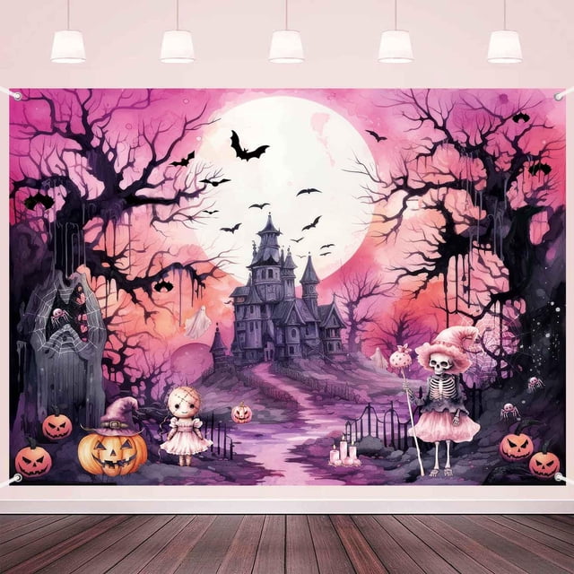 Telón de fondo fotográfico LDWLYW para Halloween, rosa y negro, 210 x 150 cm, poliéster