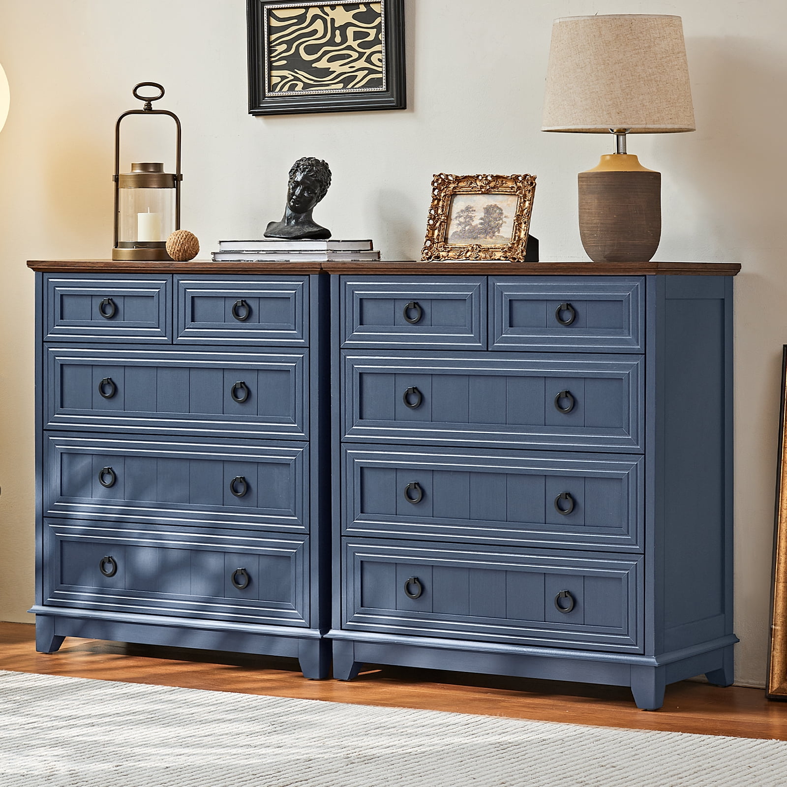 5 Drawer Blue Bedroom Dresser, Modern Vertical Dresser Drawers Wood Organizer for Living Room Entryway Small Spaces