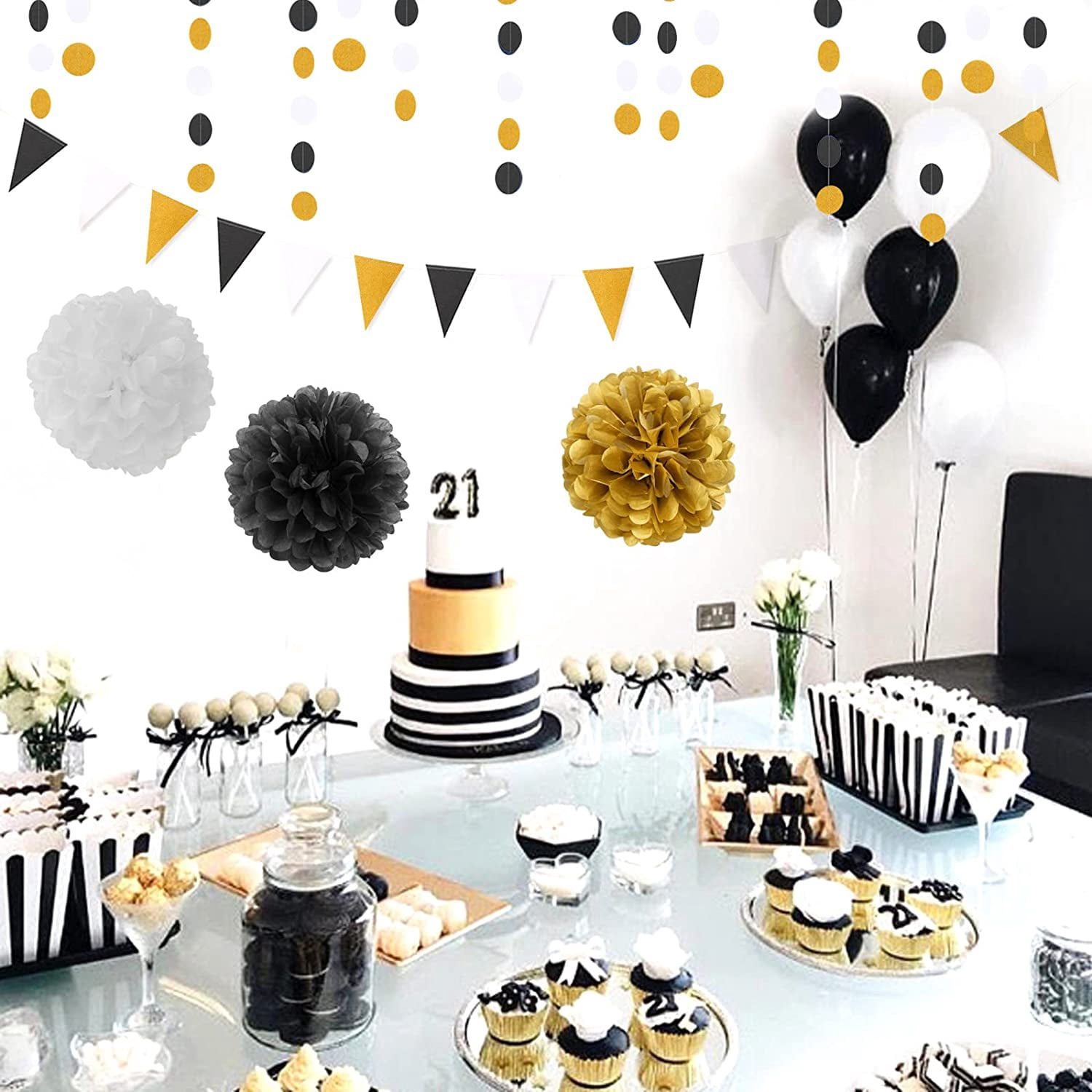 Black Gold Graduation Party Decorations - 23pcs Kits Farewell Tissue Pom Poms Flowers,Streamers Banner,Tassel Garland 50th Men Birthday Bachelorette Baby Shower Decoration Bunting