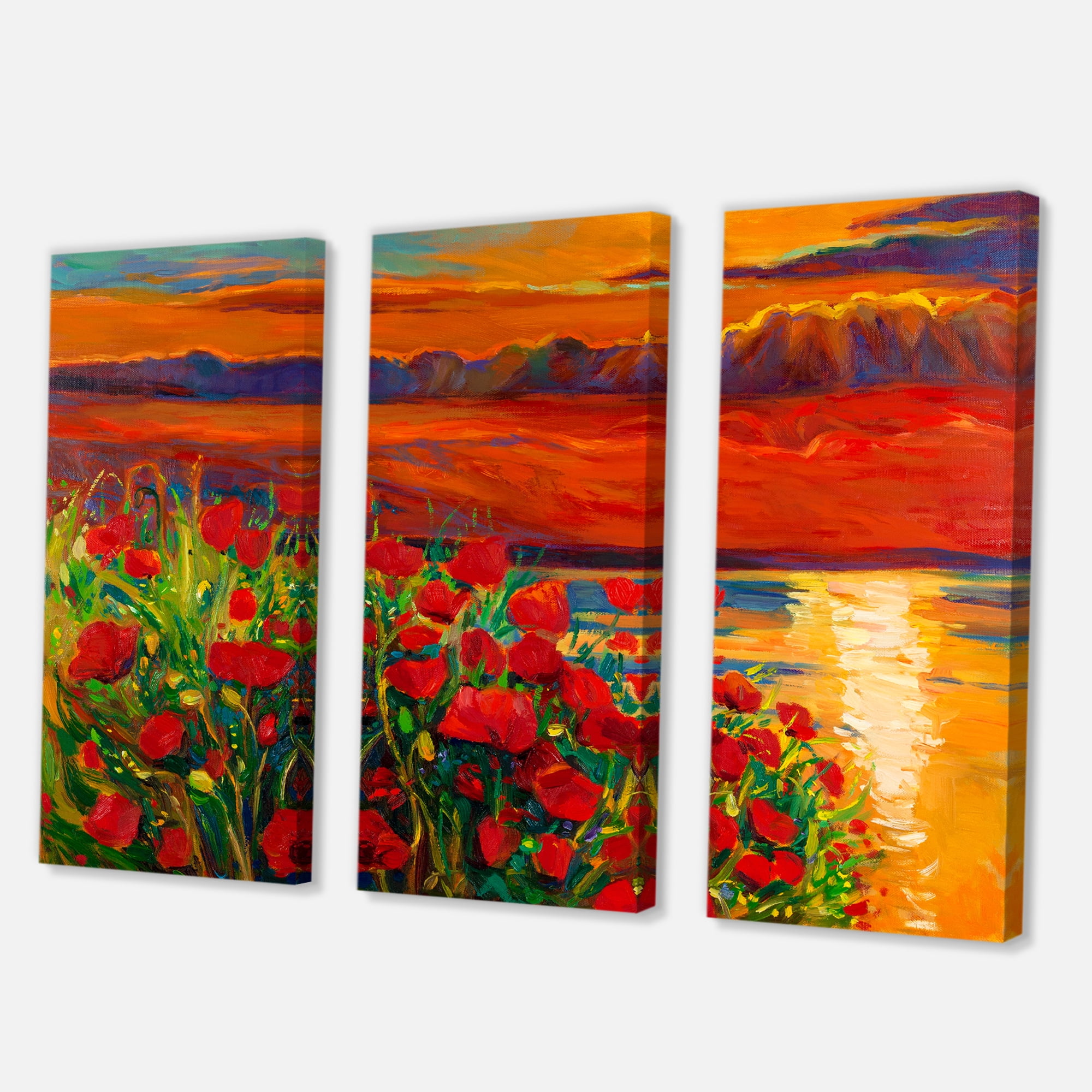 Designart ' Red Poppies By The Ocean During Evening Glow ' Nautical & Coastal Canvas Wall Art Print