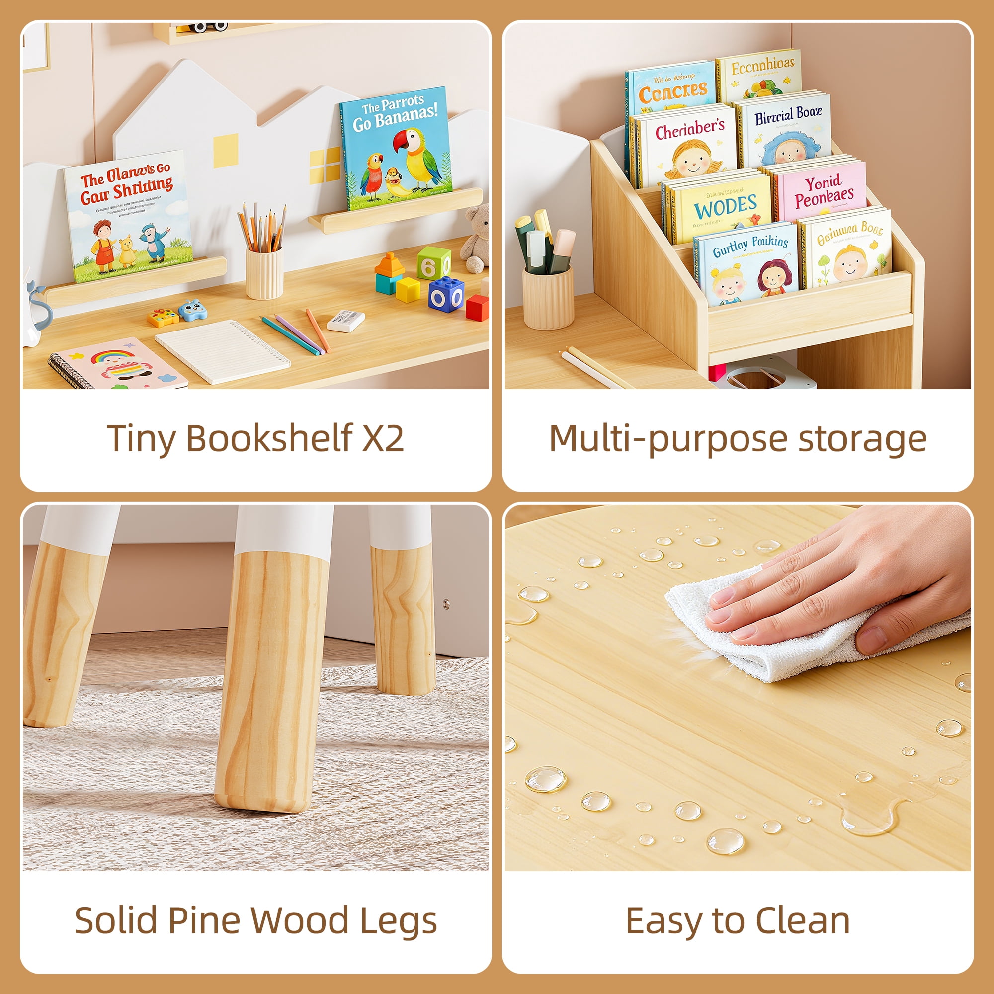 Reasea Kids Desk with Bookshelves & 2 Stools, Wooden Study Table Set with 5 Storage Cabinets, Children Writing & Drawing Table