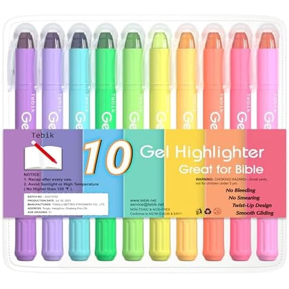 Gel Highlighter, 10 Colors Bible Safe Highlighter Study Kit, Highlighters Assorted Colors, Twistable Design, No Bleeding Great for Journaling, Highlighting and Study$$Office