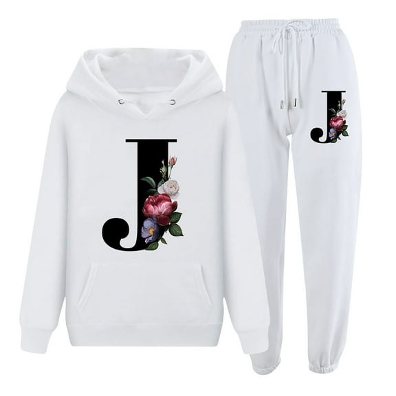 IROINNID Tracksuit For Women 2 Pieces Set Hooded Pullover Printed Long Sleeve Sweatshirt With Pocket Sports Suit Jogging Suit,White