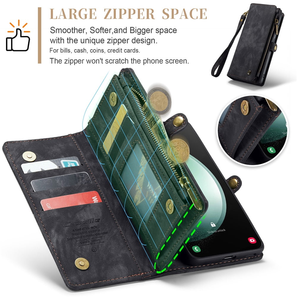 CaseMe Leather Case for Samsung Galaxy S23 FE 5G,2 in 1 Detachable Wallet Case with 8-Card Holder Zipper Bills Slot,Magnetic Shockproof Flip Leather Cover Zipper Pocket Phone Cases,Black