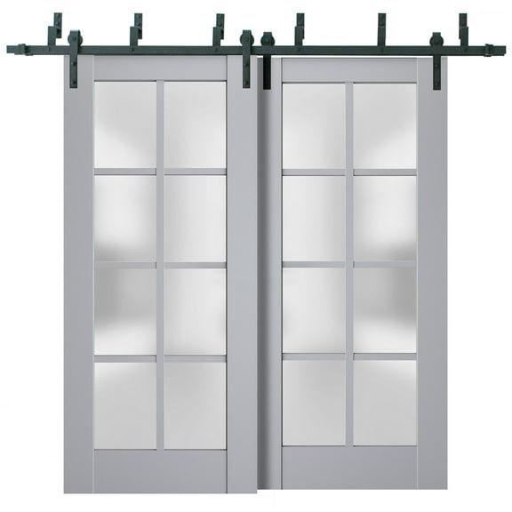 Sliding Closet Barn Bypass Doors with Frosted Glass | Veregio 7412 Matte Grey | Sturdy 6.6ft Rails Hardware Set | Wood Solid Bedroom Wardrobe Doors -36" x 96" (2* 18x96)