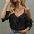 thumbnail image 5 of Qulqfy Womens Ruffle Blouses Black Off the Shoulder Strappy V Neck Blouses Fall Women Pure Shirts XL, 5 of 5