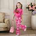 thumbnail image 2 of Tfken Girls Outfit Sets For Summer Crew Neck Short Sleeve Bowknot Print Tshirts With Flare-Leg Pants Set Fashion Daily Wear Kids Classic Outfit Pink Size 12-13 Years, 2 of 5