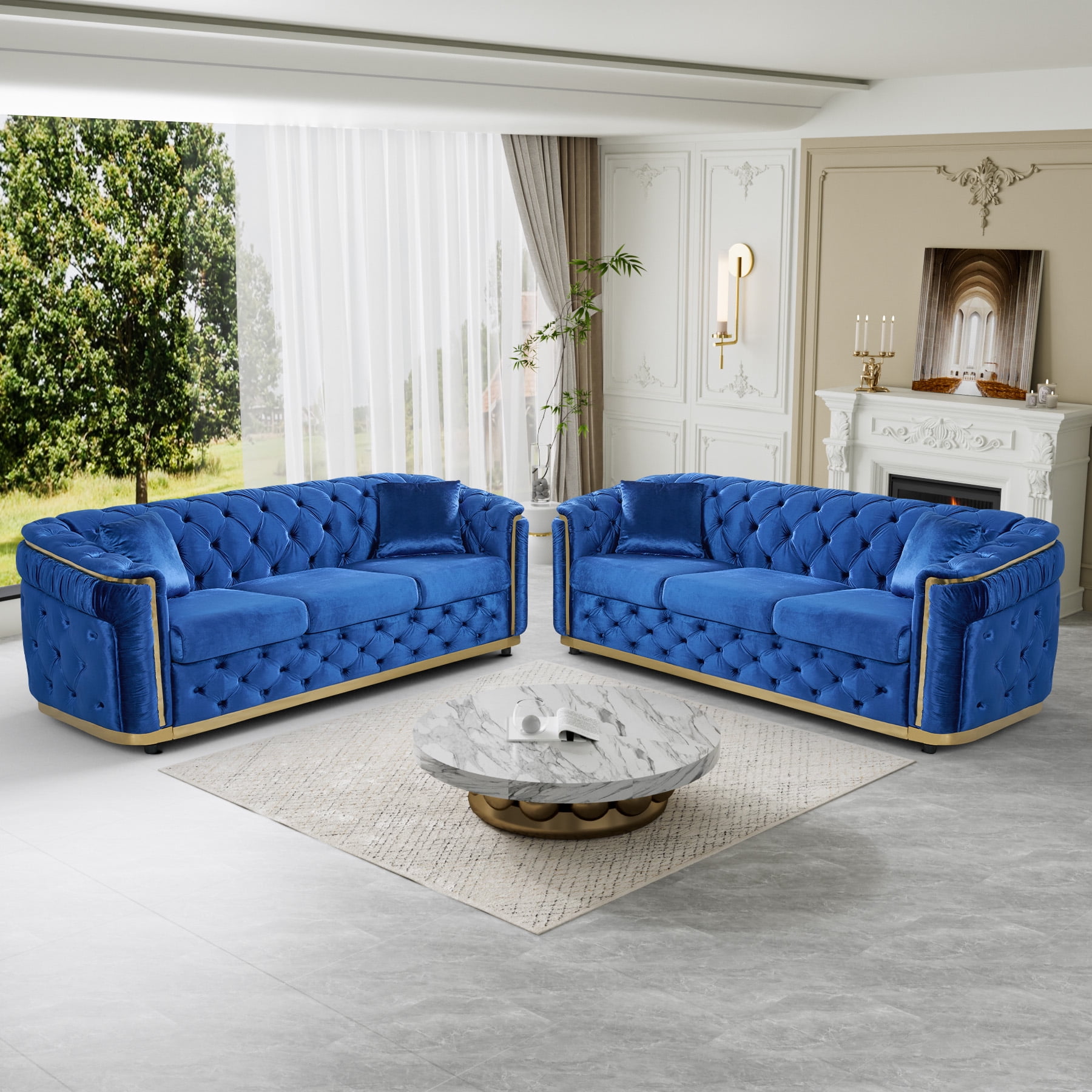 Wiilayok 62.6" Velvet Button Tufted Sofa, Mid-Century Classic Chesterfield Sofa Couch with Thick Backrest,Gold Stainless 2 Love Seat Couches for Living Room,Blue