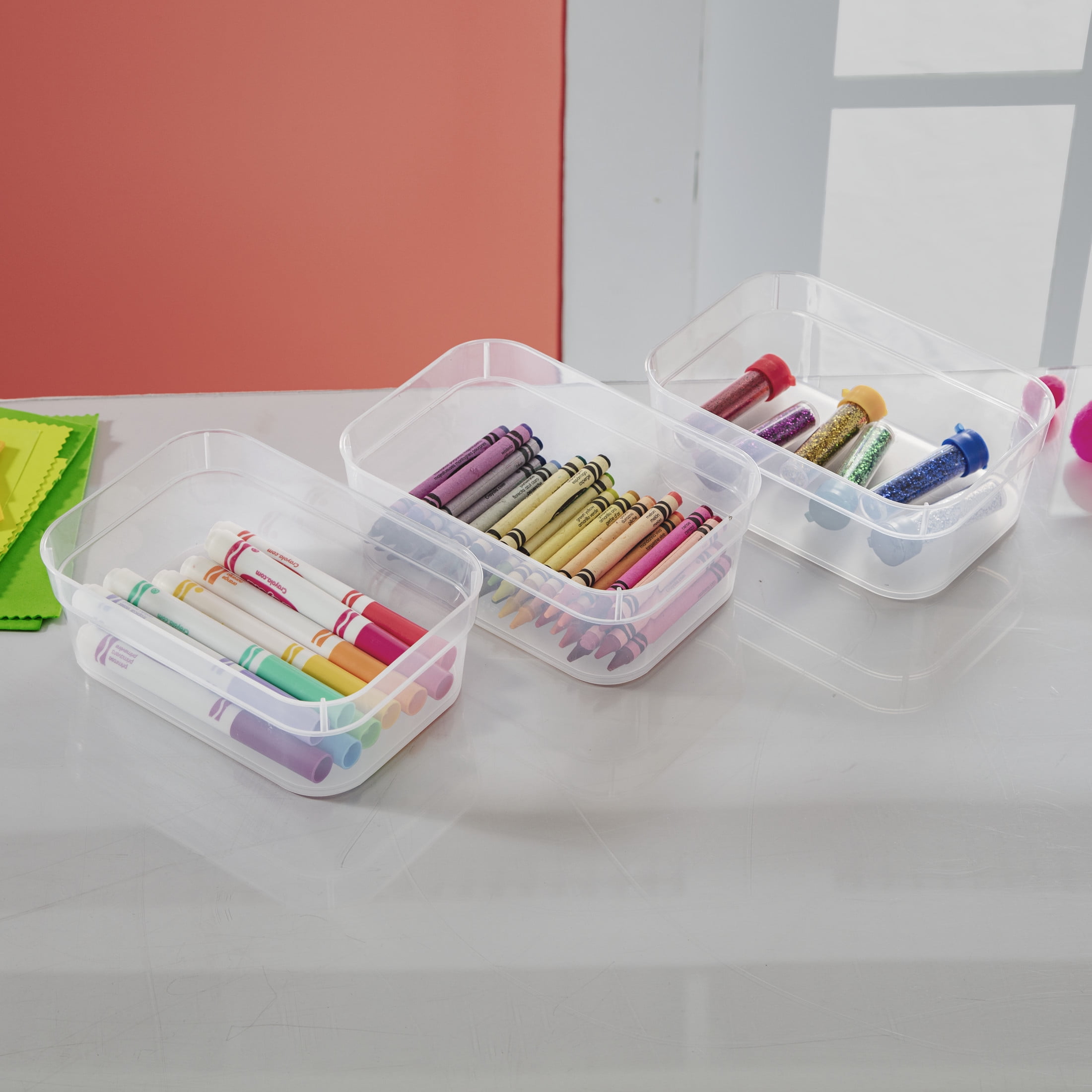 Sterilite Set (3) Medium Storage Trays, Clear Plastic Open Bins, Drawer Organizers, 8 Count
