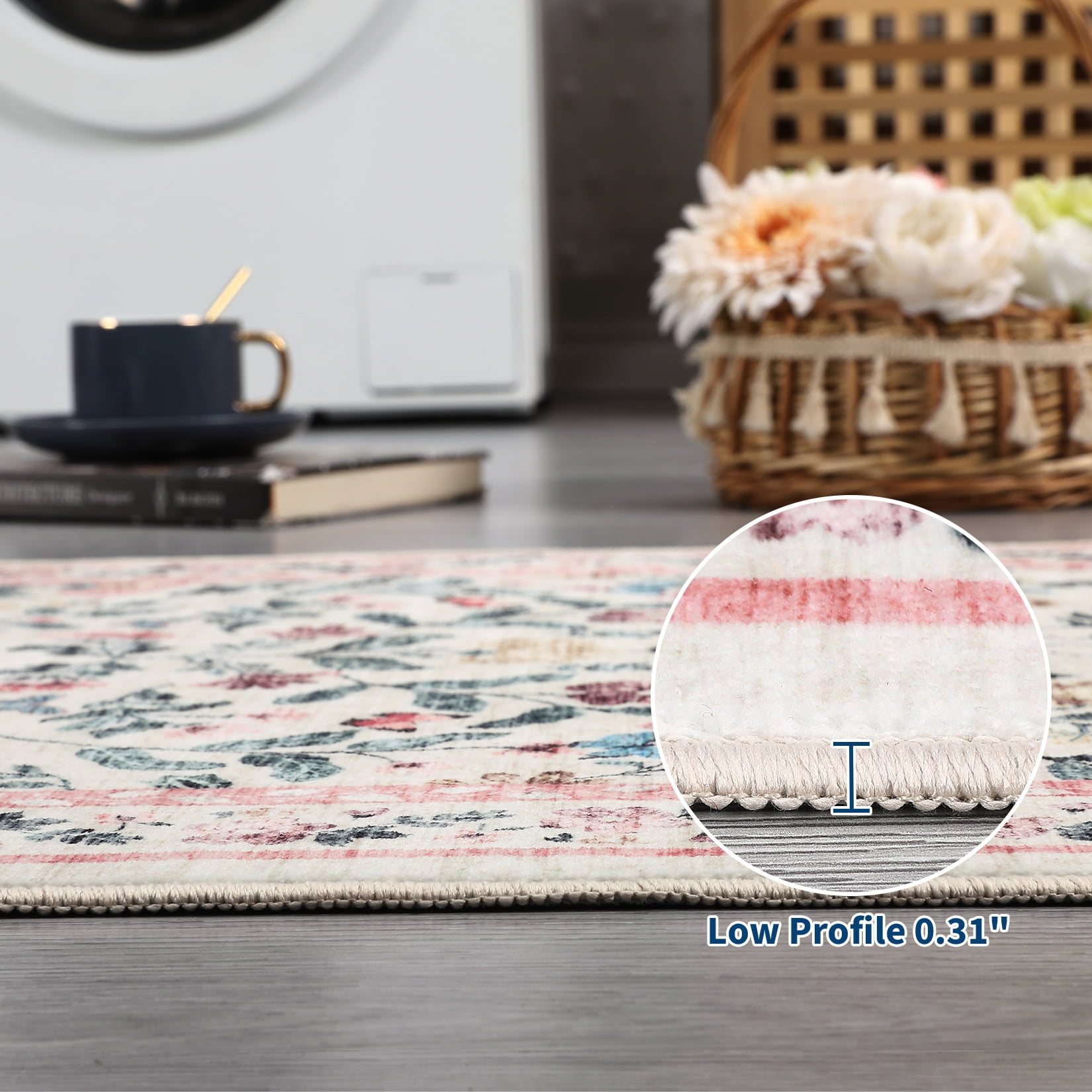 Hasoo Washable Living Room Area Rug 10x13 Large Modern Floral Soft Non Slip Indoor Pink Carpet