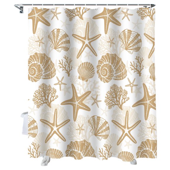 Shower Curtain Coastal Starfish Shell Conch Shower Curtains for Bathroom Bathtub, Waterproof Fabric Shower Curtain Set with Hooks, Small Stall Size 36" x 72" Khaki Marine Life