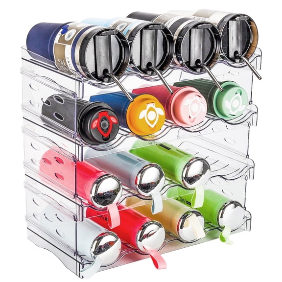 Carestrong Water Bottle Organizer, Stackable Plastic Bottle Holder for Cabinet,Storage Rack,Kitchen Pantry, Fridge, Cup Holder for Wine -4 Pack, Hold 16 Containers