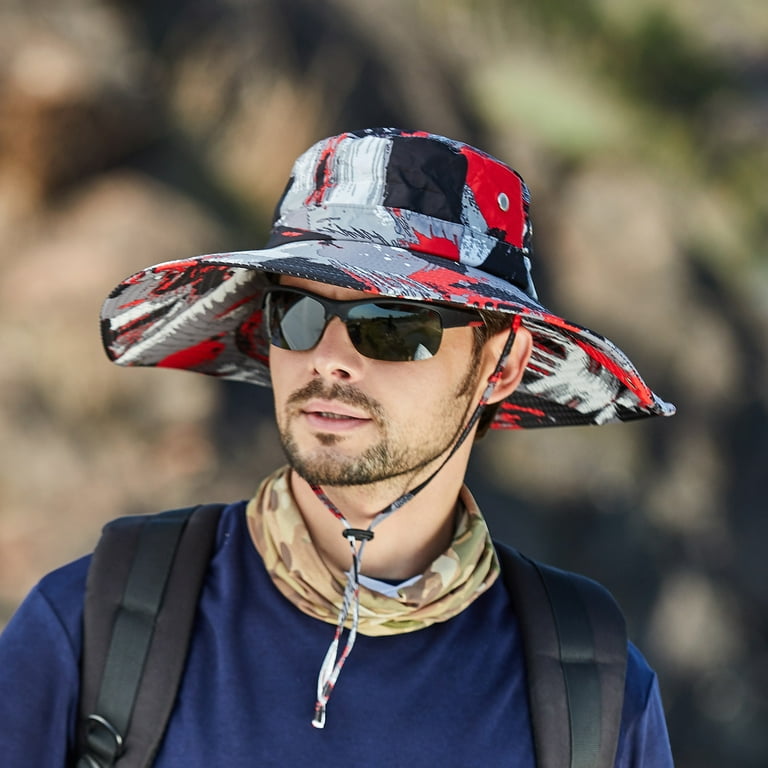 Beppter Bucket Hat Sun UV Protection Hat Men Mountaineering Fishing  Camouflage Hood Rope Outdoor Shade Foldable Casual Bucket Hat Red