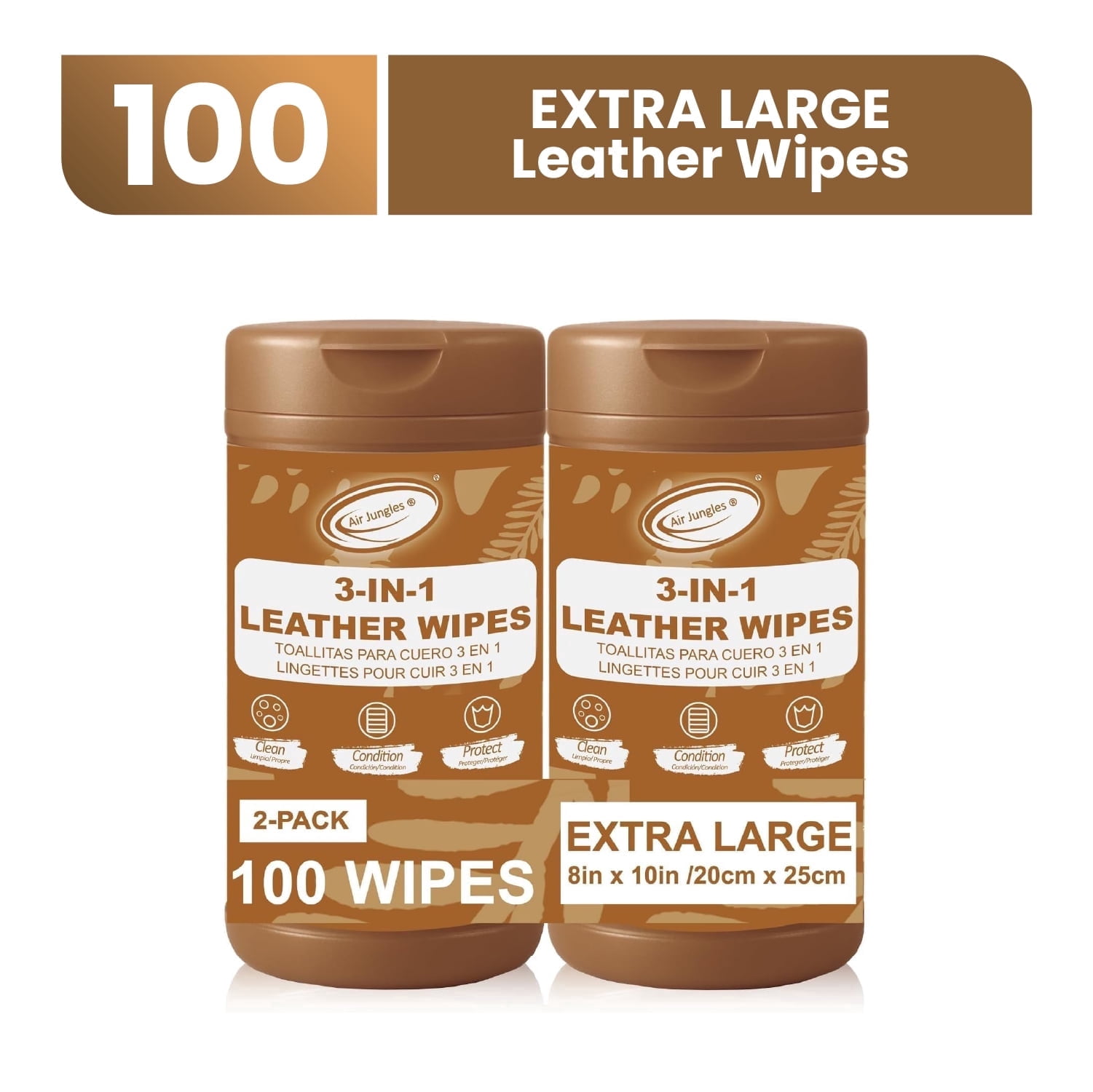 Air Jungles 3in1 Leather Wipes 50 Count (Pack of 2), Extra Large 8 x 10 inch, Clean Condition Protection for Car Interior, Furniture, Couch, Boots, Bags, Formulated with Wax and Silicon