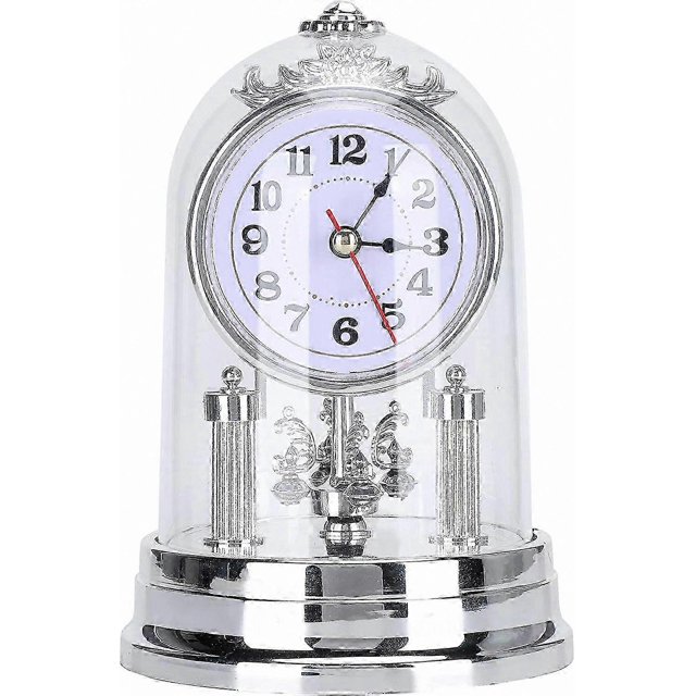 European Style Silent Table Clock with Cover for Home Decor (Silver, 1pc)