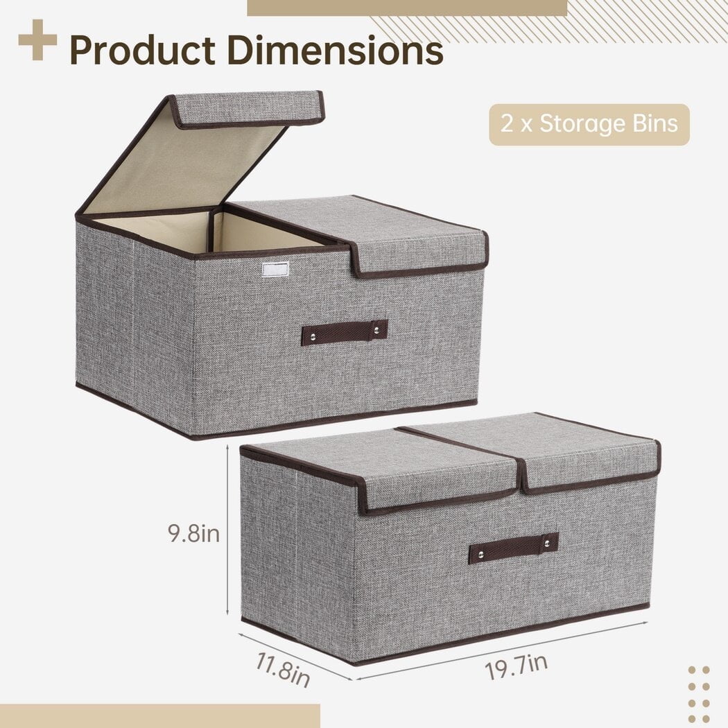 2 Pack Large Storage Boxes with Lids and Handles, Collapsible Linen Storage Bins Organizer Containers Baskets Cube with Removable Divider, Grey