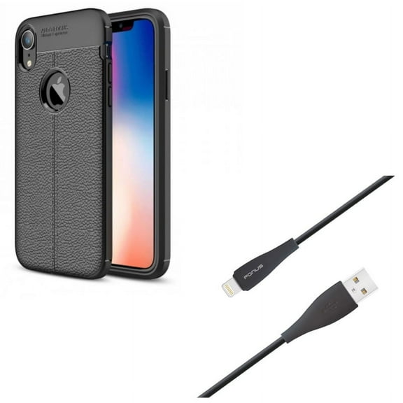 6ft USB Cable w Case for iPhone XR - Charger Cord Power Wire Long Sync, PU Leather Slim Fit Cover Reinforced Bumper Shock Absorbent Compatible With iPhone XR