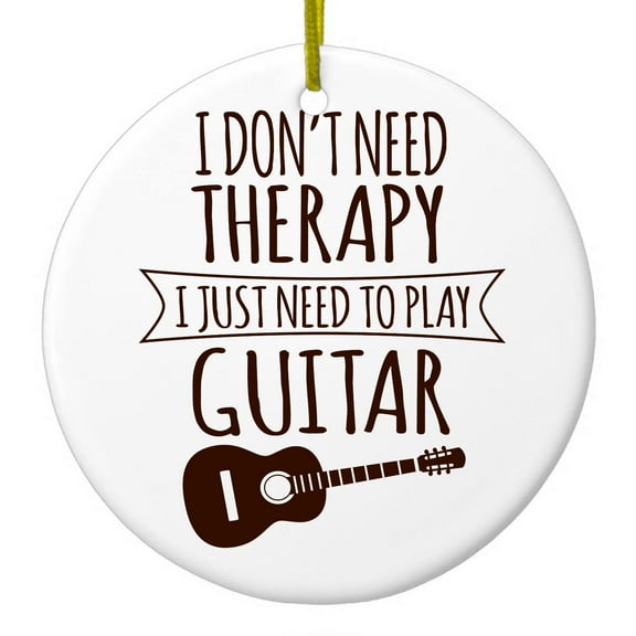 DistinctInk Hanging Ceramic Christmass Tree Ornament with Gold String - Great Gift / Present - 2 3/4 inch diameter - Don't Need Therapy Need to Play Guitar