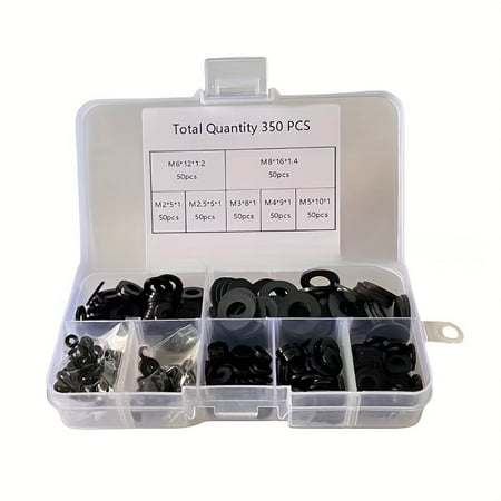 

BTEHT 350pcs 7 Sizes Black Insulation Ring Nylon Flat Washer Gasket Assortment Kit M2 M2.5 M3 M4 M5 M6 M8 Improvement