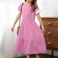 thumbnail image 5 of Girls Cotton-Linen Dresses 4-14 Years Short Sleeve Crewneck High Waisted Teens Juniors Lightweight Solid Color Layered Breathable Midi Dress, 5 of 7
