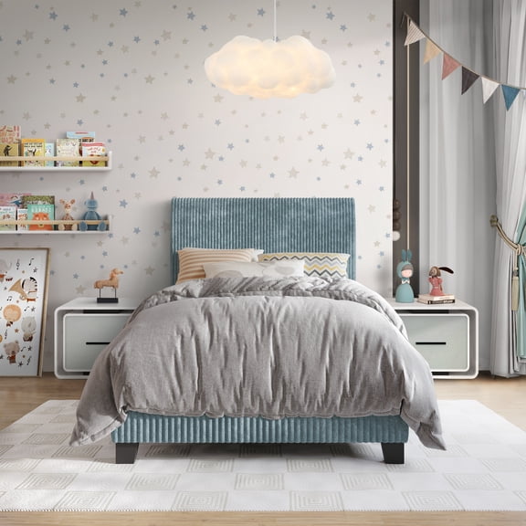 Castle Place Chic Corduroy Velvet Upholstered Twin Bed, Light Blue