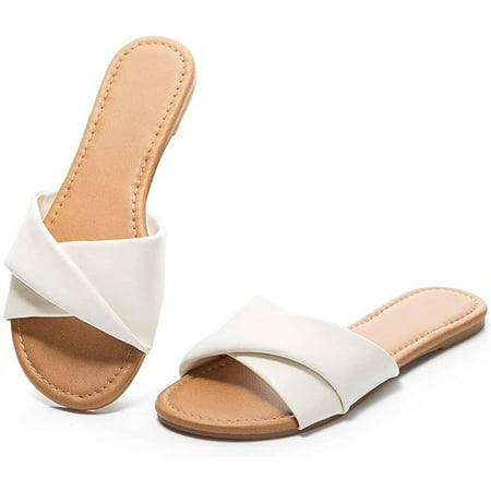 BadPiggies Women s Flat Sandals Fashion Slides Soft Leather Slippers Dressy Summer Shoes Size 6-11